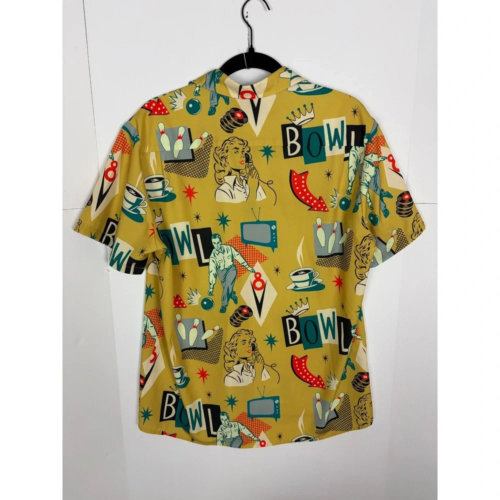 Royaura Bowling Graphic Retro Short Sleeve Button Down Shirt Size M